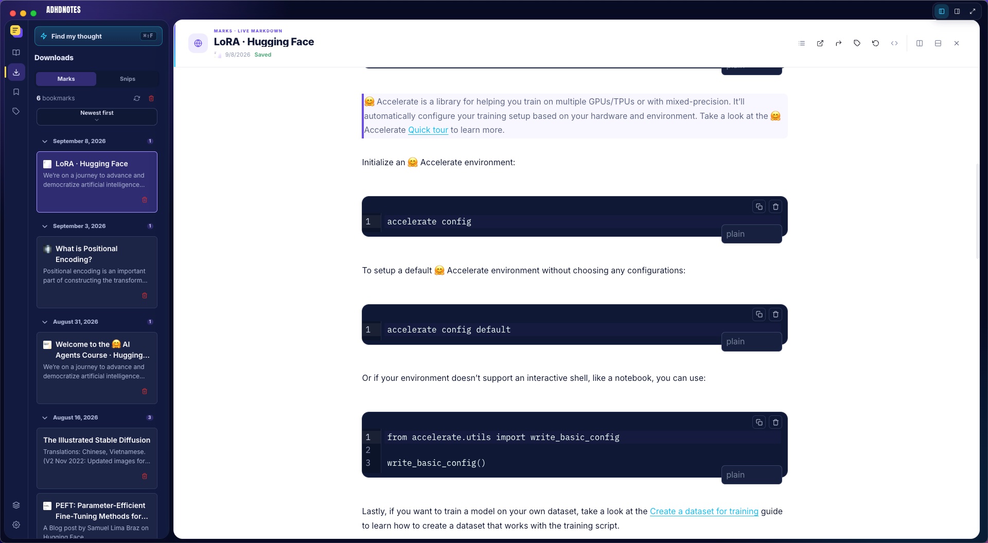 ADHDNotes Downloads workspace with a captured research page open as editable Live Markdown beside the saved Marks list.
