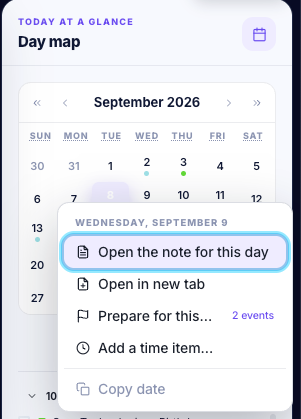 ADHDNotes Day map menu for September 9 with actions to open the daily note, open it in a new tab, prepare for the date, or add a timed item.