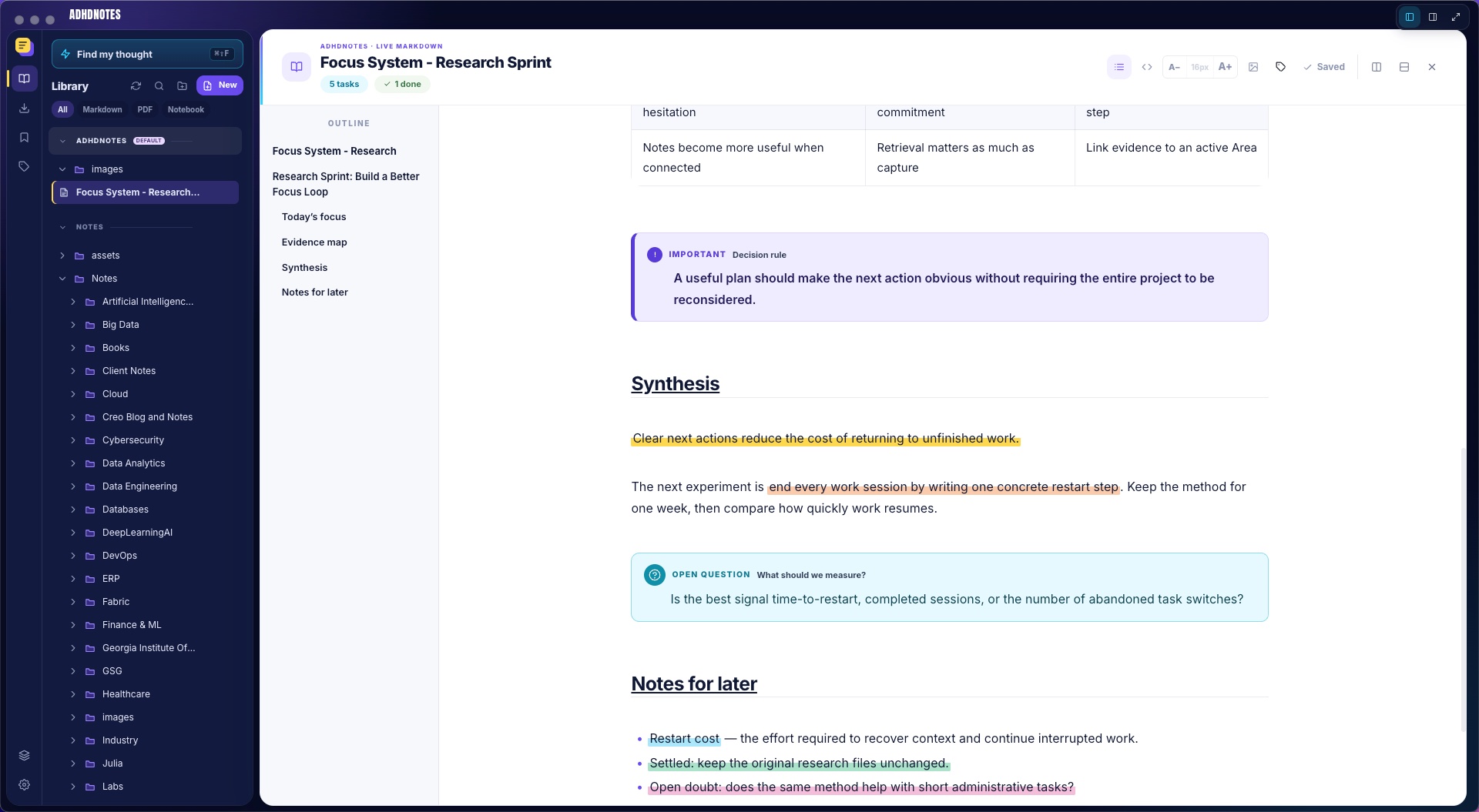 ADHDNotes Live Markdown note showing an Important callout, Claim, Action, Settled, Doubt, and Define highlights, and an Open question callout.