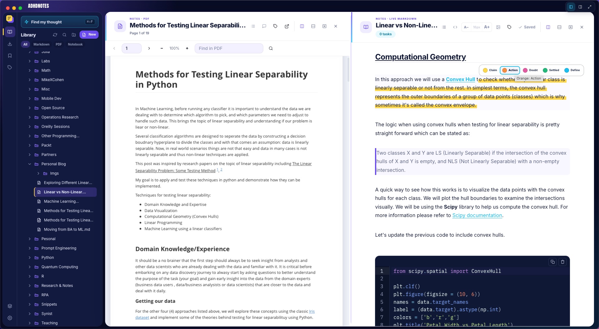 ADHDNotes split view with a research PDF on the left and a related Live Markdown note on the right.